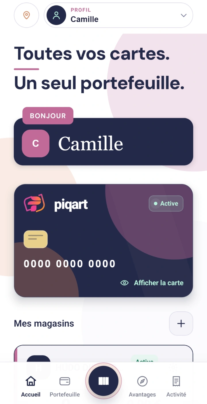 Application Piqart : accueil et carte de fidélité digitale avec un profil de démonstration