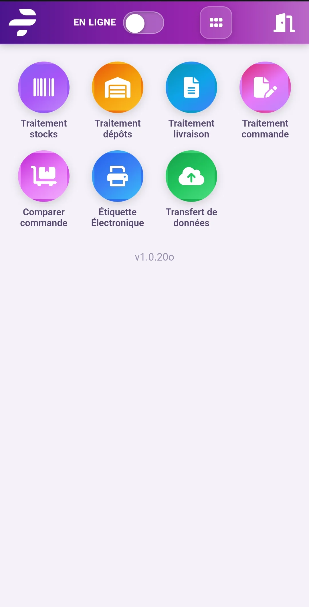 Écran d’accueil de Piqmob : traitement des stocks, des dépôts, des livraisons et des commandes, comparaison de commande, étiquette électronique et transfert de données